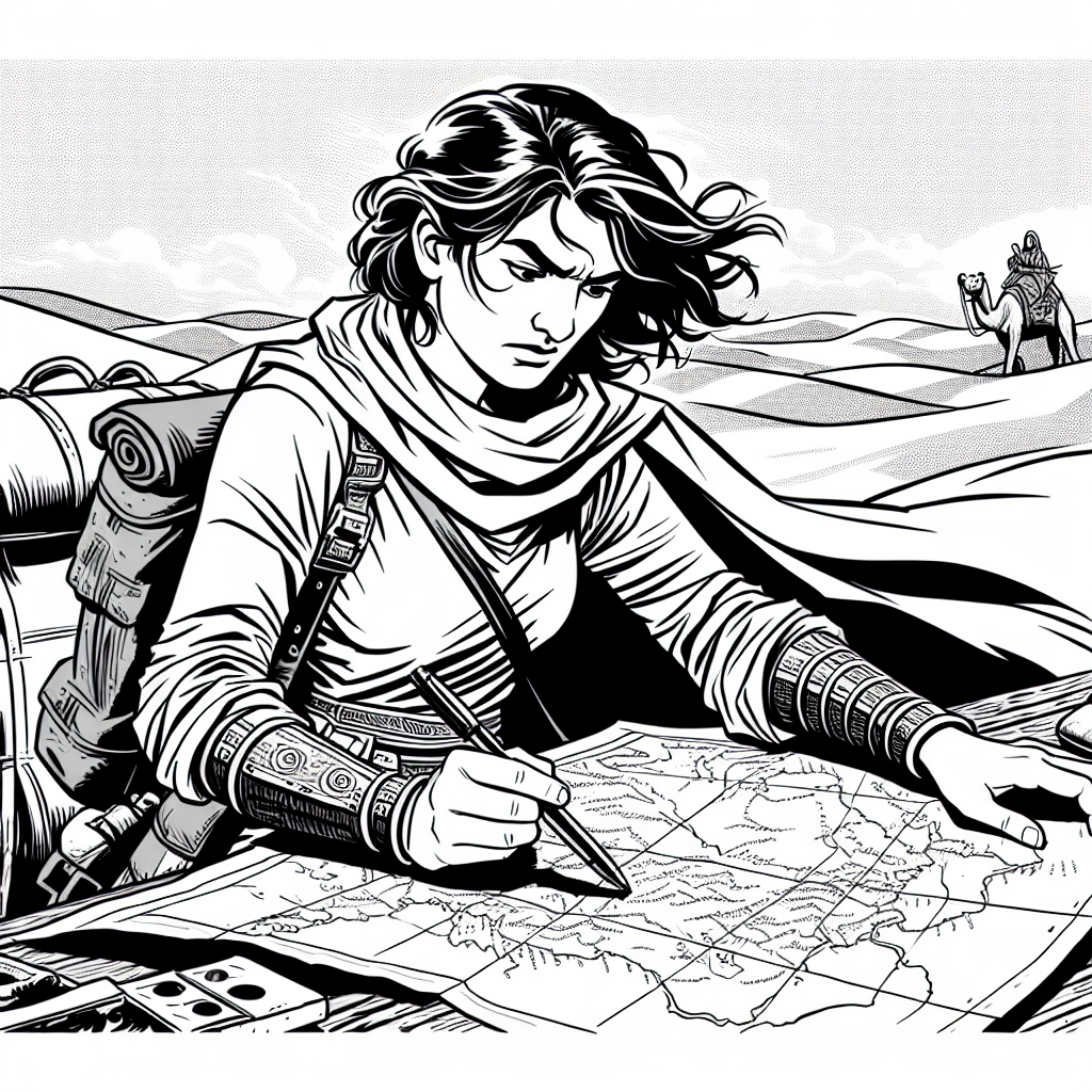 Coloring page of a intrepid female traveler, heroic traveler drawing a map