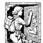 Coloring page of a intrepid female traveler, heroic traveler examining ancient carvings