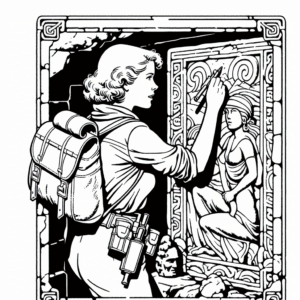 Coloring page of a intrepid female traveler, heroic traveler examining ancient carvings