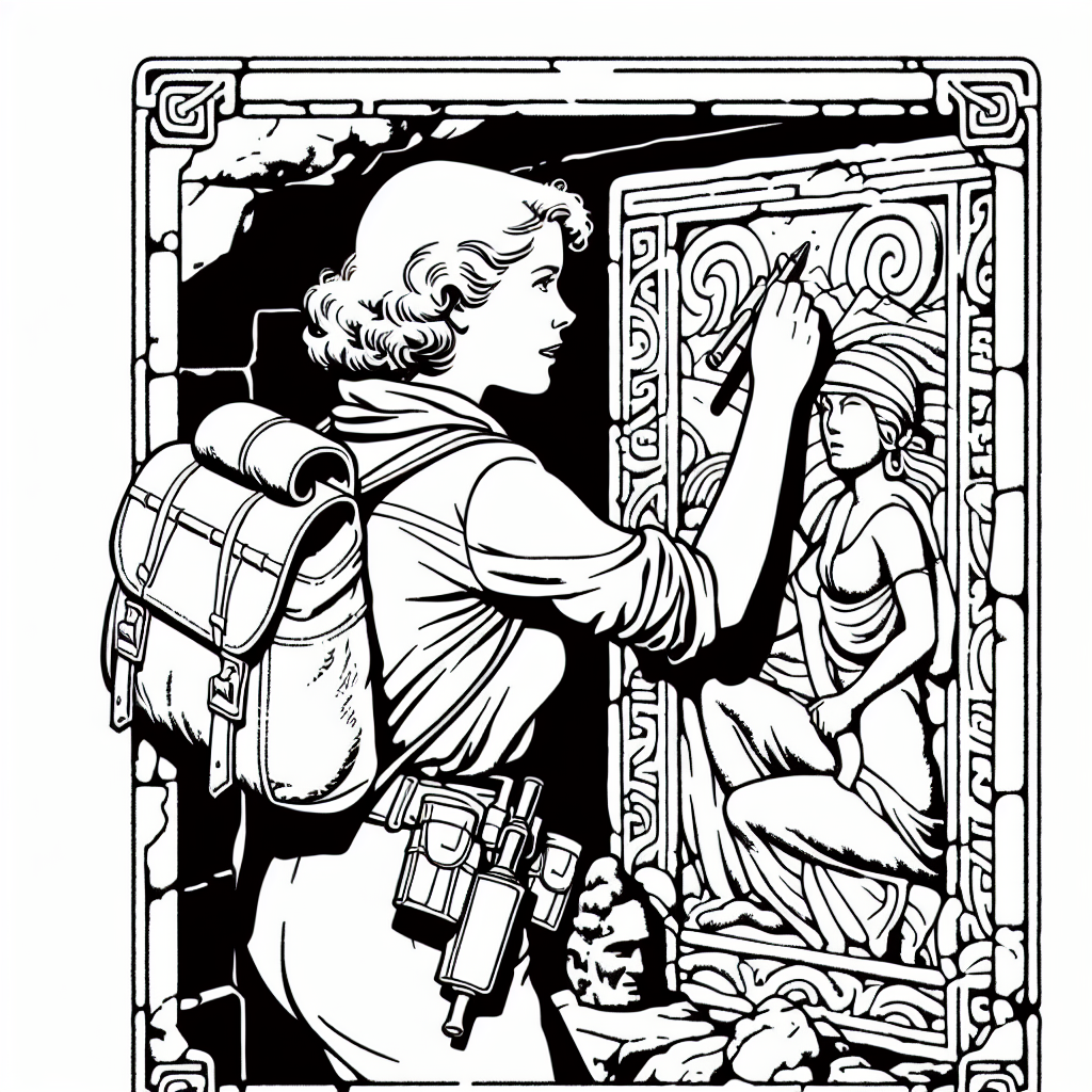 Coloring page of a intrepid female traveler, heroic traveler examining ancient carvings