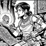 Coloring page of a intrepid female traveler, treasure hunter examining ancient carvings