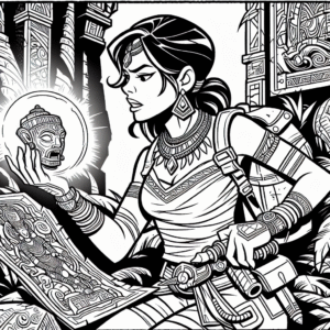 Coloring page of a intrepid female traveler, treasure hunter examining ancient carvings