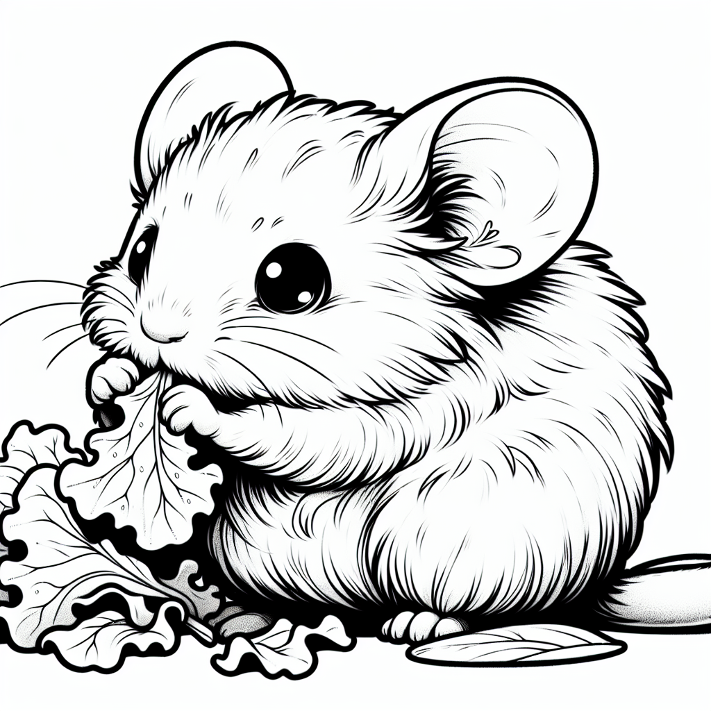 Coloring page of a little rodent, gentle companion nibbling on lettuce