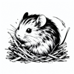 Coloring page of a little rodent, tiny explorer hiding under hay
