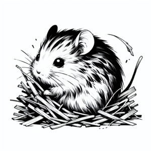 Coloring page of a little rodent, tiny explorer hiding under hay