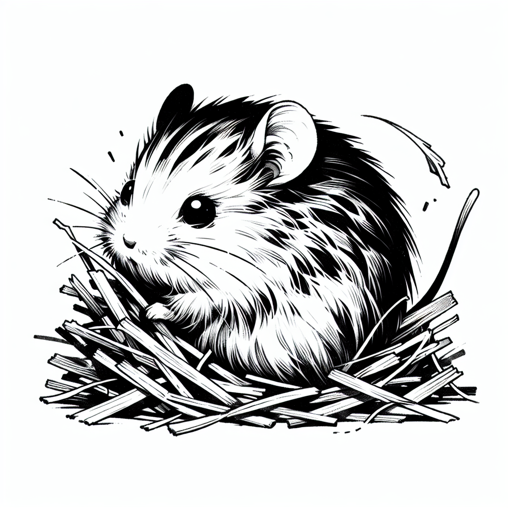 Coloring page of a little rodent, tiny explorer hiding under hay