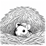 Coloring page of a little rodent, tiny explorer hiding under hay