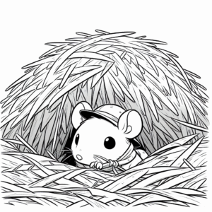 Coloring page of a little rodent, tiny explorer hiding under hay