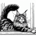 Page à colorier d’un chat Maine Coon, félin gracieux s’étirant sur un rebord de fenêtre