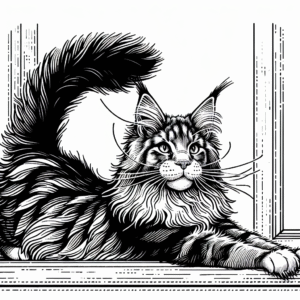 Coloring page of a Maine Coon cat, graceful feline stretching on a windowsill