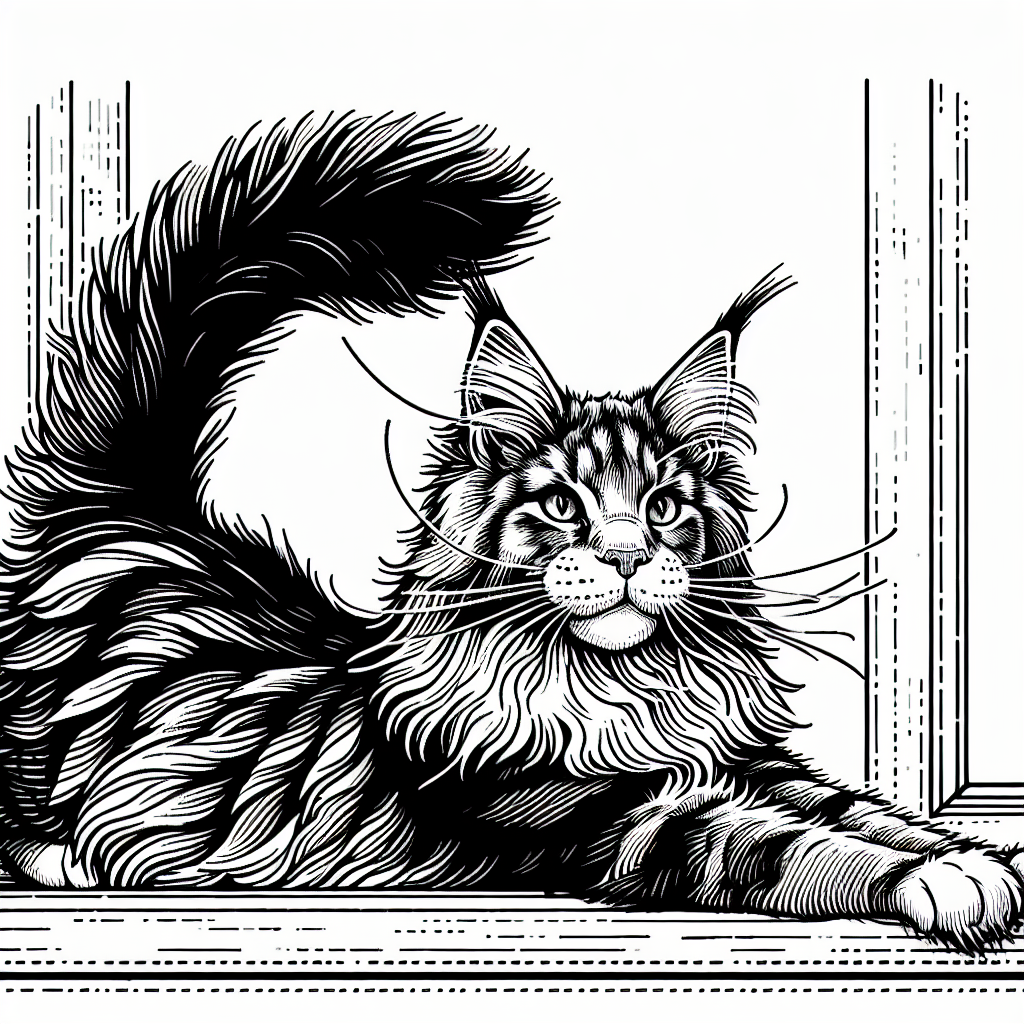 Coloring page of a Maine Coon cat, graceful feline stretching on a windowsill