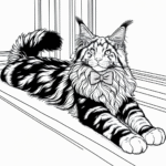 Coloring page of a Maine Coon cat, lazy napper stretching on a windowsill