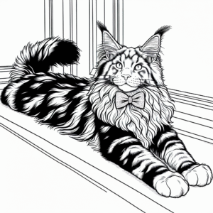 Coloring page of a Maine Coon cat, lazy napper stretching on a windowsill