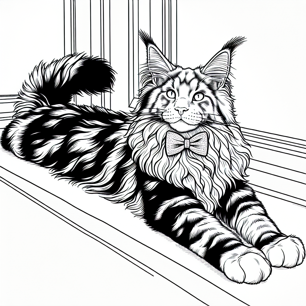 Coloring page of a Maine Coon cat, lazy napper stretching on a windowsill