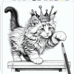 Page de coloriage d’un chat Maine Coon, petit chaton malicieux sautant sur une étagère