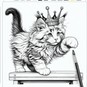 Coloring page of a Maine Coon cat, mischievous kitty jumping onto a shelf