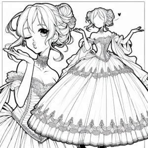 Coloring page of a manga character, fan blowing a kiss