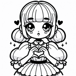 Coloring page of a manga character, fashionista making a heart with hands