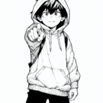 Coloring page of a manga character, rookie pointing at the camera