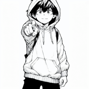 Coloring page of a manga character, rookie pointing at the camera