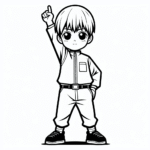 Coloring page of a manga character, rookie raising one arm high