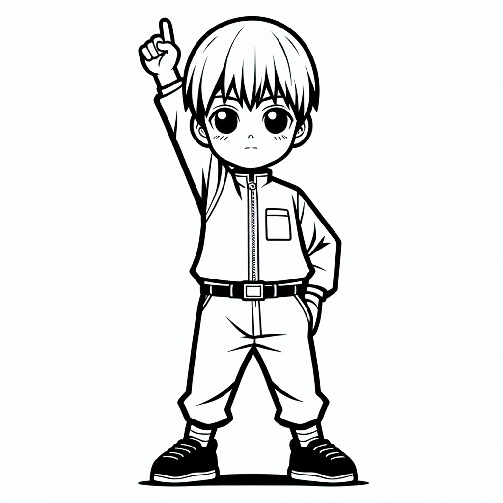Coloring page of a manga character, rookie raising one arm high