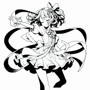 Coloring page of a manga character, rookie twirling