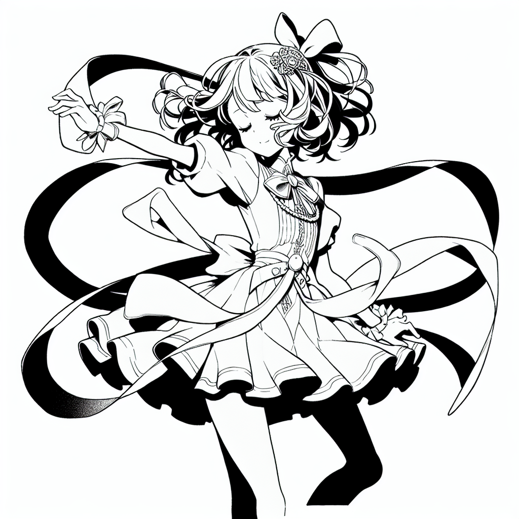 Coloring page of a manga character, rookie twirling