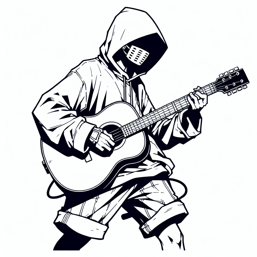 Coloring page of a manga character, singer playing guitar