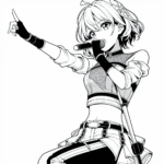 Coloring page of a manga character, vocalist performing