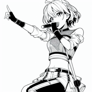 Coloring page of a manga character, vocalist performing