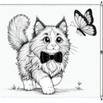 Coloring page of a Norwegian Forest Cat cat, curious cat chasing a butterfly