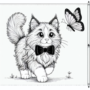 Coloring page of a Norwegian Forest Cat cat, curious cat chasing a butterfly