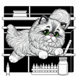 Coloring page of a Persian cat, curious cat jumping onto a shelf