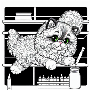Coloring page of a Persian cat, curious cat jumping onto a shelf