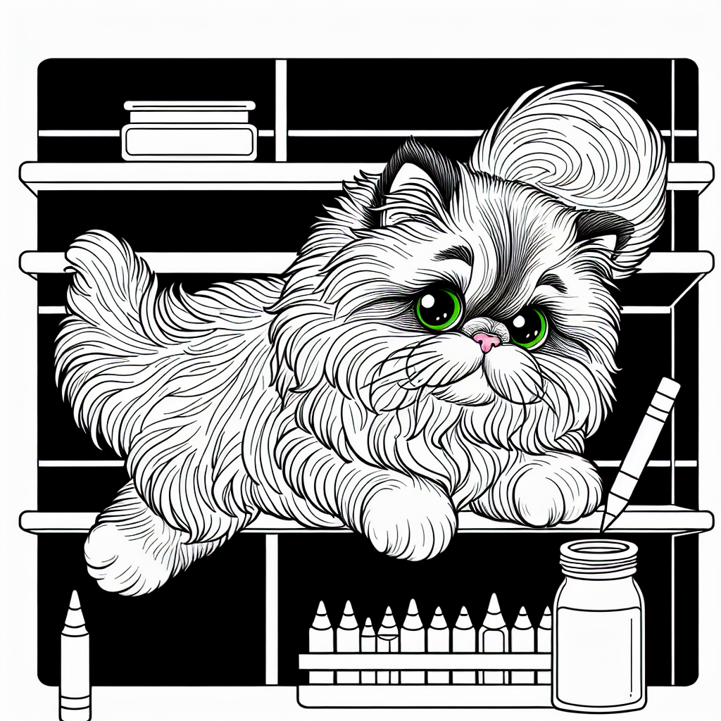 Coloring page of a Persian cat, curious cat jumping onto a shelf