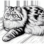 Coloring page of a Persian cat, lazy napper stretching on a windowsill
