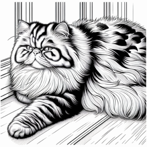 Coloring page of a Persian cat, lazy napper stretching on a windowsill