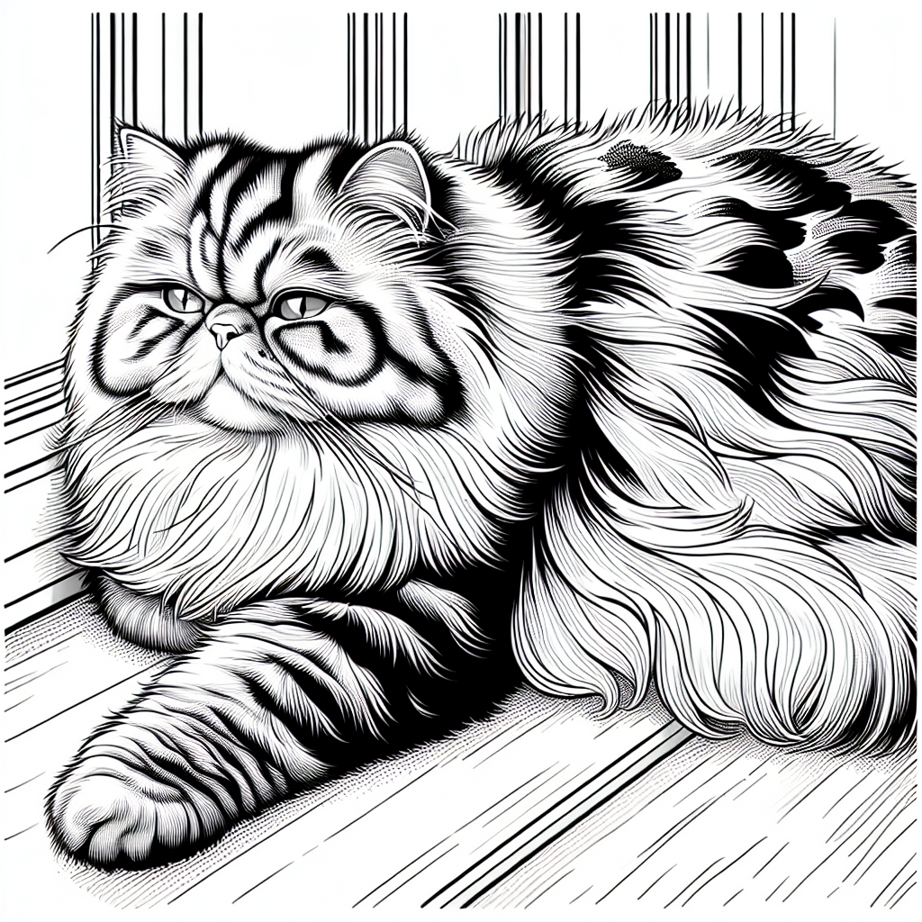 Coloring page of a Persian cat, lazy napper stretching on a windowsill