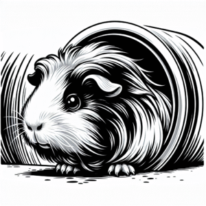 Coloring page of a pet guinea pig, fluffy friend peeking from a tunnel
