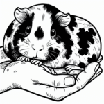 Coloring page of a pet guinea pig, tiny explorer resting on a human hand