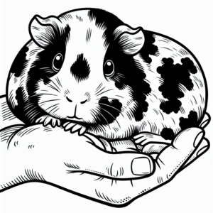 Coloring page of a pet guinea pig, tiny explorer resting on a human hand