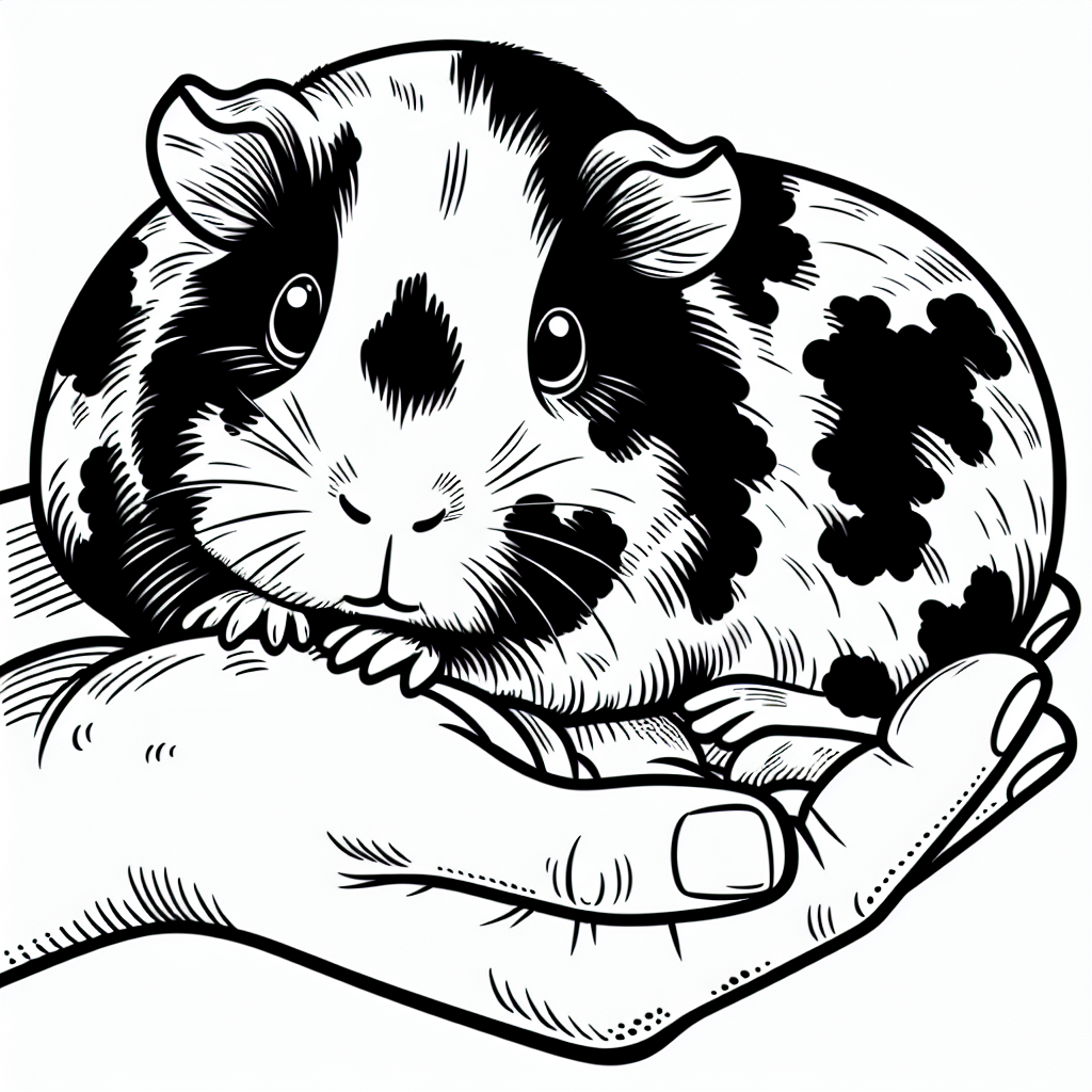 Page à colorier d'un cochon d'Inde comme animal de compagnie, petit explorateur se reposant sur une main humaine