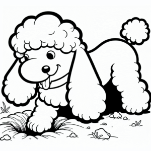 Coloring page of a Poodle dog, energetic pup digging a hole