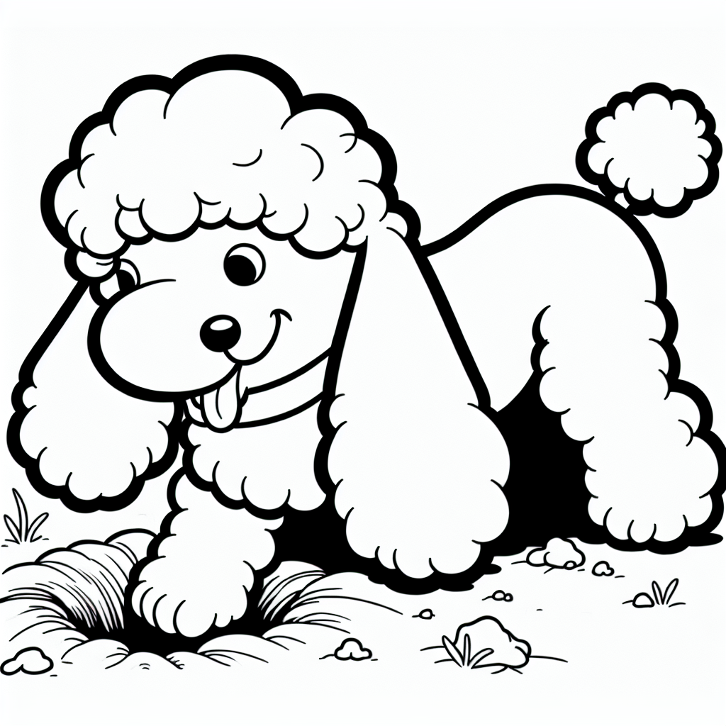 Coloring page of a Poodle dog, energetic pup digging a hole