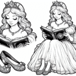 Coloring page of a princess, kind ruler reading an ancient book
