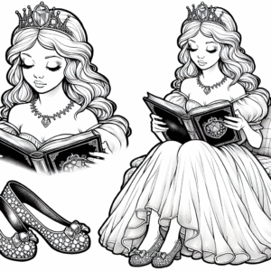 Coloring page of a princess, kind ruler reading an ancient book
