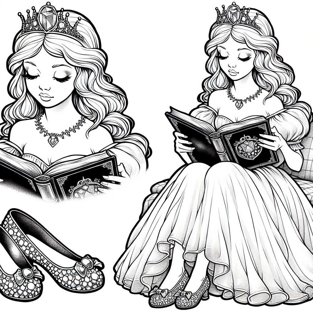 Coloring page of a princess, kind ruler reading an ancient book