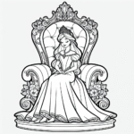 Coloring page of a princess, kind ruler sitting on a throne
