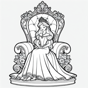Coloring page of a princess, kind ruler sitting on a throne